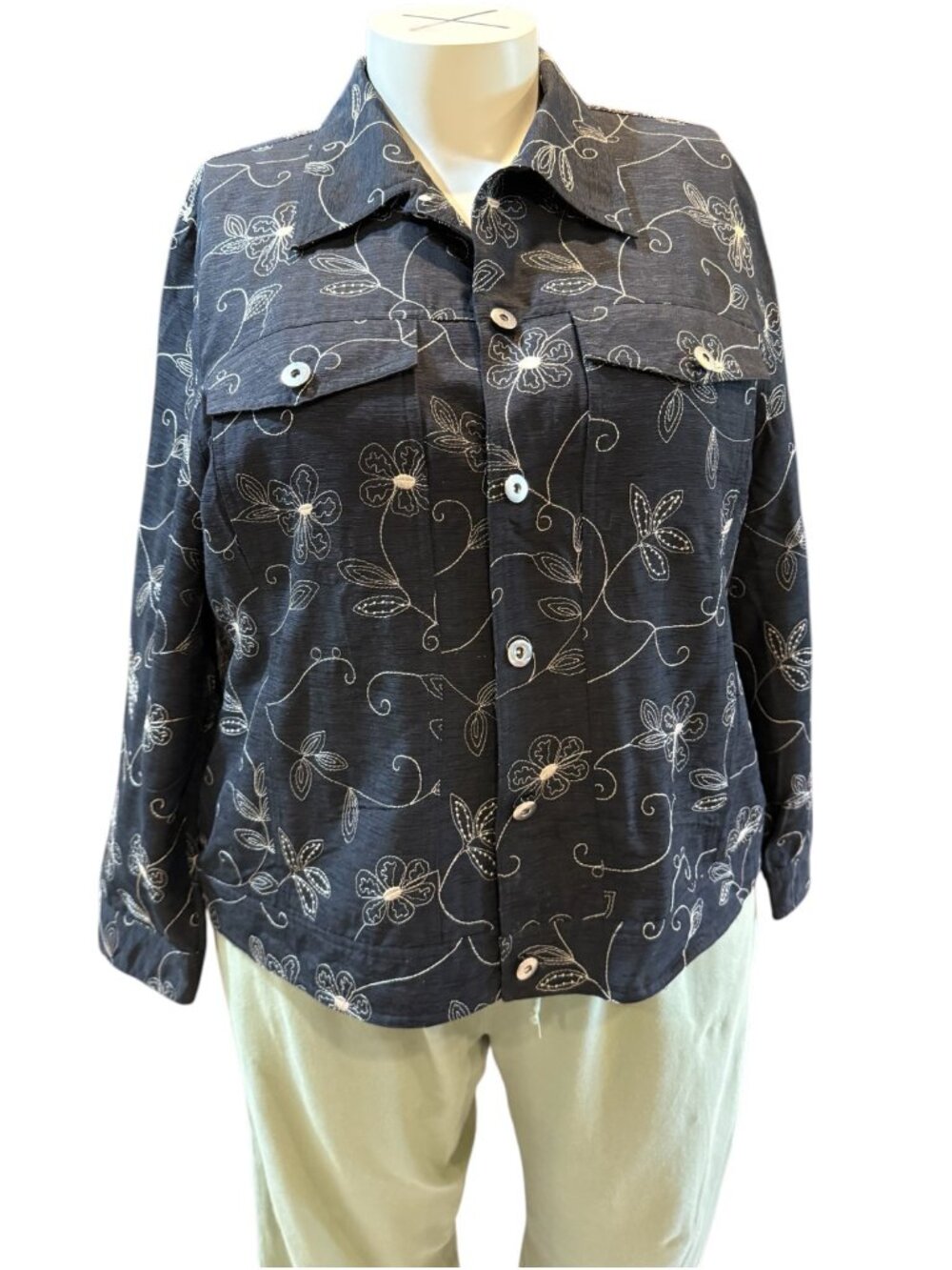 Carole Little 2X Black & Tan Floral Embroidered Lightweight Silk Jacket